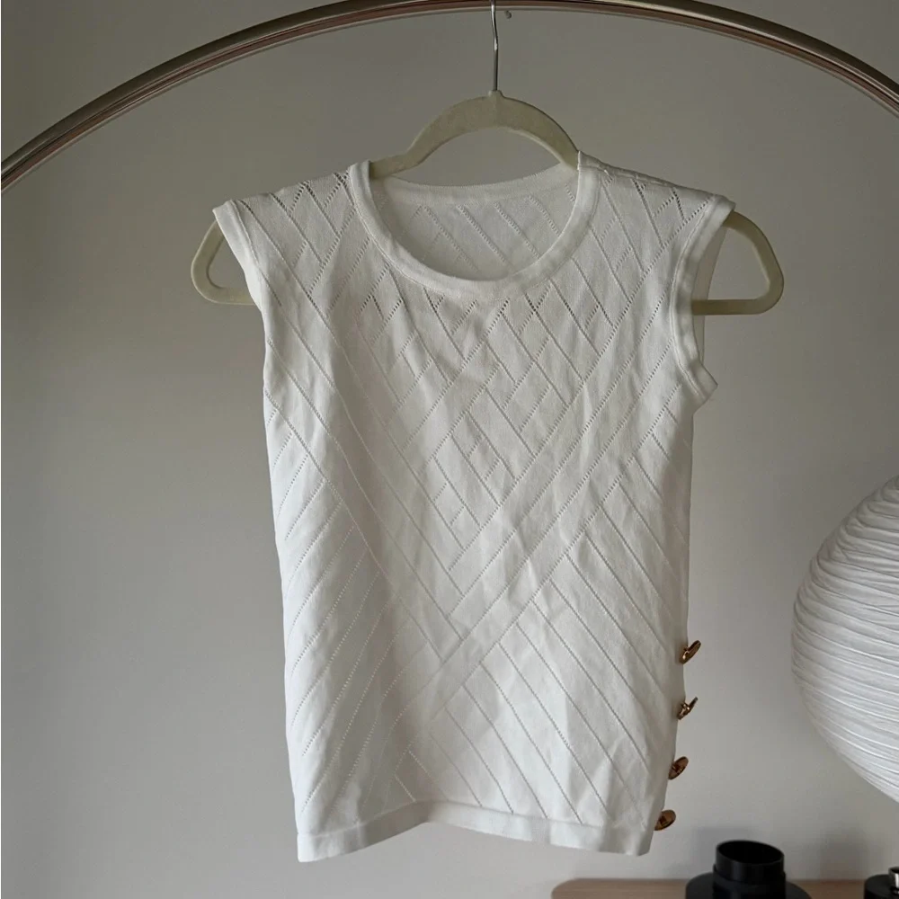 Balmain Paris Sleeveless White Knit Top with Gold Side Button Detail - Picture 1 of 3